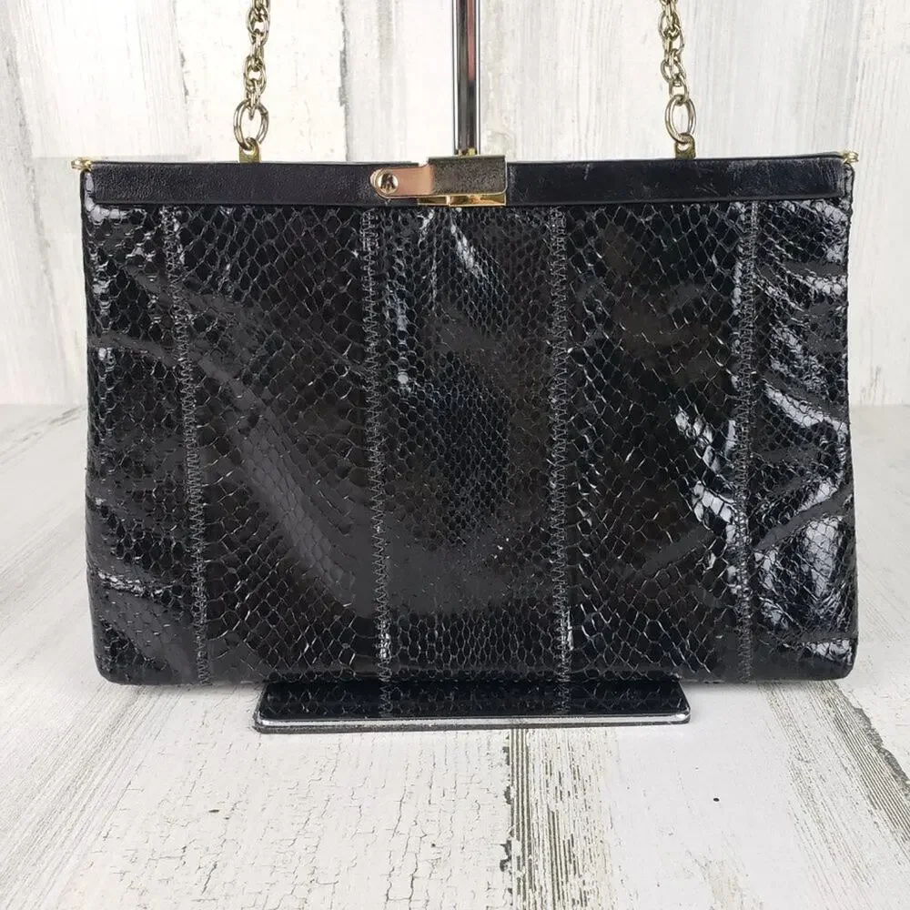 Palizzio Shiny Black Gold Chain Snakeskin Textured Shoulder Bag Women's Purse